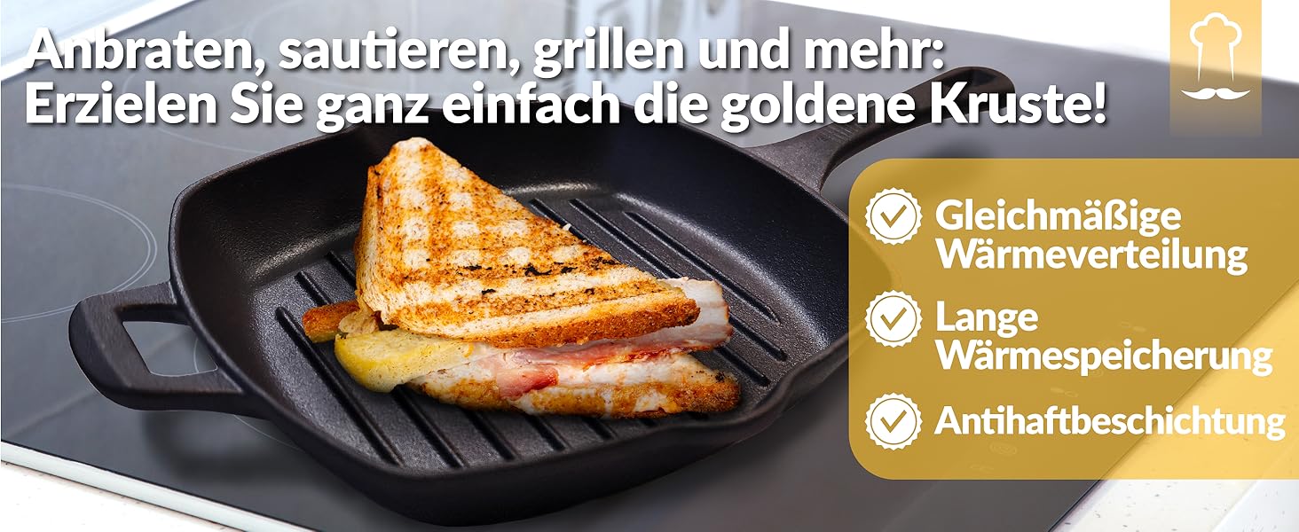 Чавунна гриль сковорода Chefarone 25.5 см з носиком – емальована сковорода для стейків, підходить для індукції, газу, склокераміки та духовки