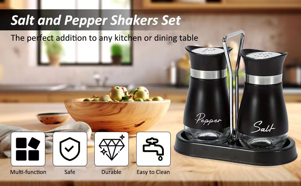 Набір солі та перцю: скляні та нержавіючі солі та перечниці для кухні, подорожей, BBQ. Чорний та білий колір.