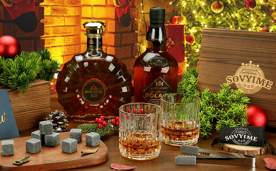 Склянки для віскі з гранітними кубиками льоду, 2 шт., дерев'яна подарункова коробка, 310 мл, з рельєфним візерунком