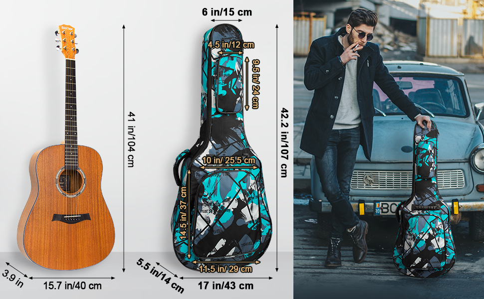 Чохол для гітари повного розміру 99 см (40 дюймів) - для акустичної та концертної гітари, Gigbag, 15 мм, водонепроникний, з двома кишенями, регульований плечовий ремінь, захист грифа