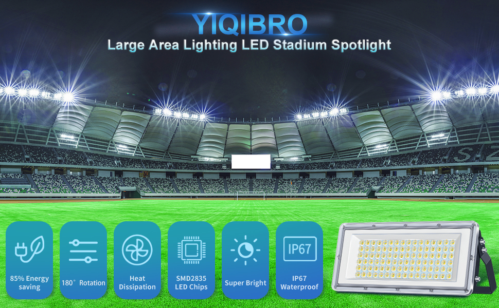 Світлодіодний прожектор YIQIBRO 100W для вулиці, 10000Лм, IP67, холодне біле світло 6500K, для саду, гаража, фабрики, спортмайданчика