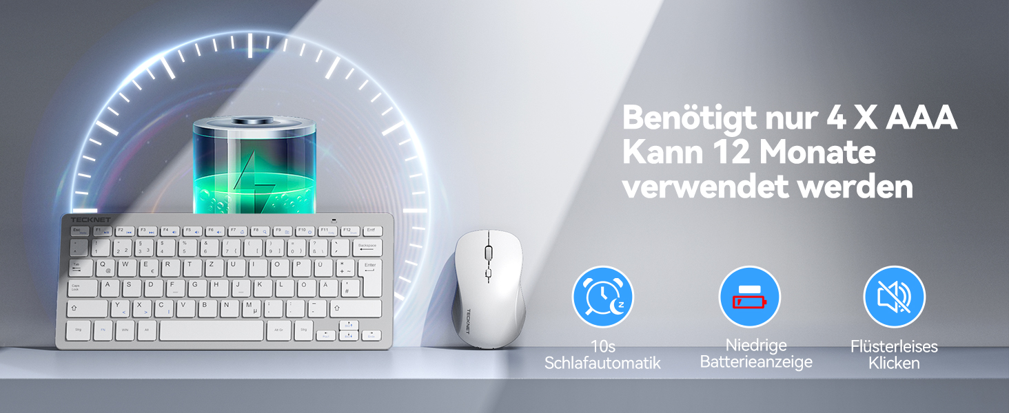 Бездротова клавіатура та миша TECKNET QWERTZ, 2.4 GHz, 15м, тиха, для ПК, ноутбука, Smart TV, білий/сріблястий