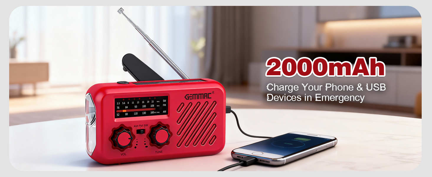 Радіоприймач Kurbelradio з навушниками, AM/FM/SW, сонячне аварійне радіо, 2000mAh Power Bank, радіо на батарейках, будівельне радіо з всесвітнім приймачем, ліхтарик SOS для аварійного обладнання 297-Red