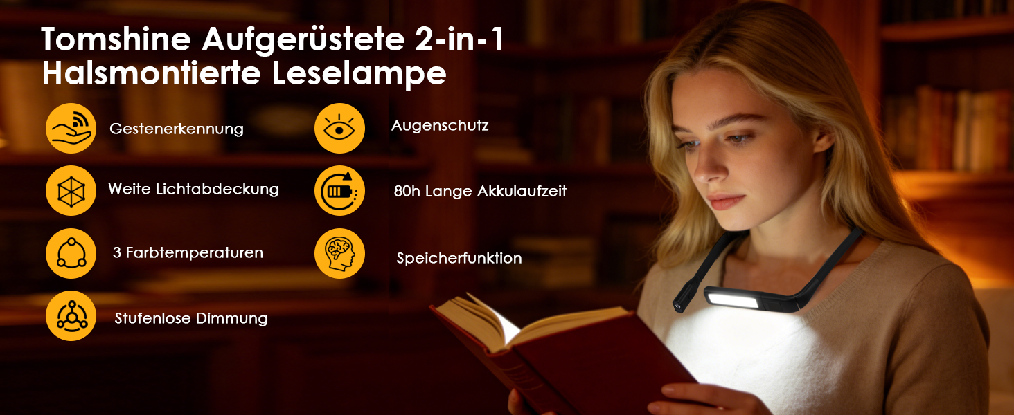 Ліхтарик на шию Tomshine з датчиком жесту, 1800mAh для читання, в'язання, кемпінгу - 3 кольори, регульована яскравість, поворотний