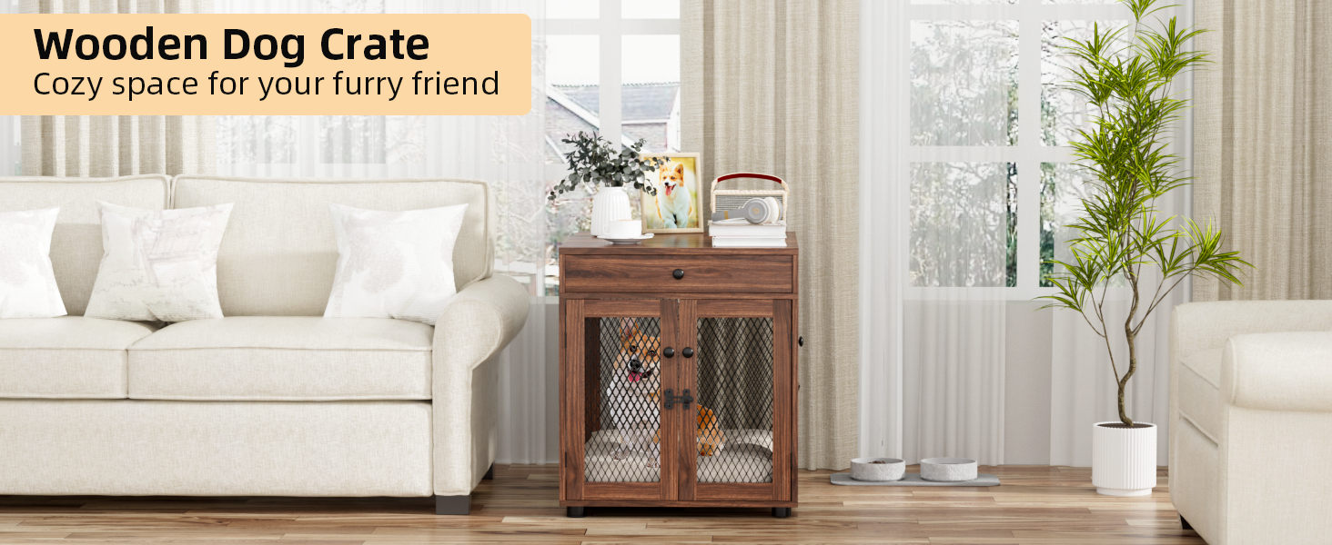 Клітка для собак VOWNER з дерева, 3 двері, з шухлядою, 51x60x62 см, для собак до 20 кг, колір горіх