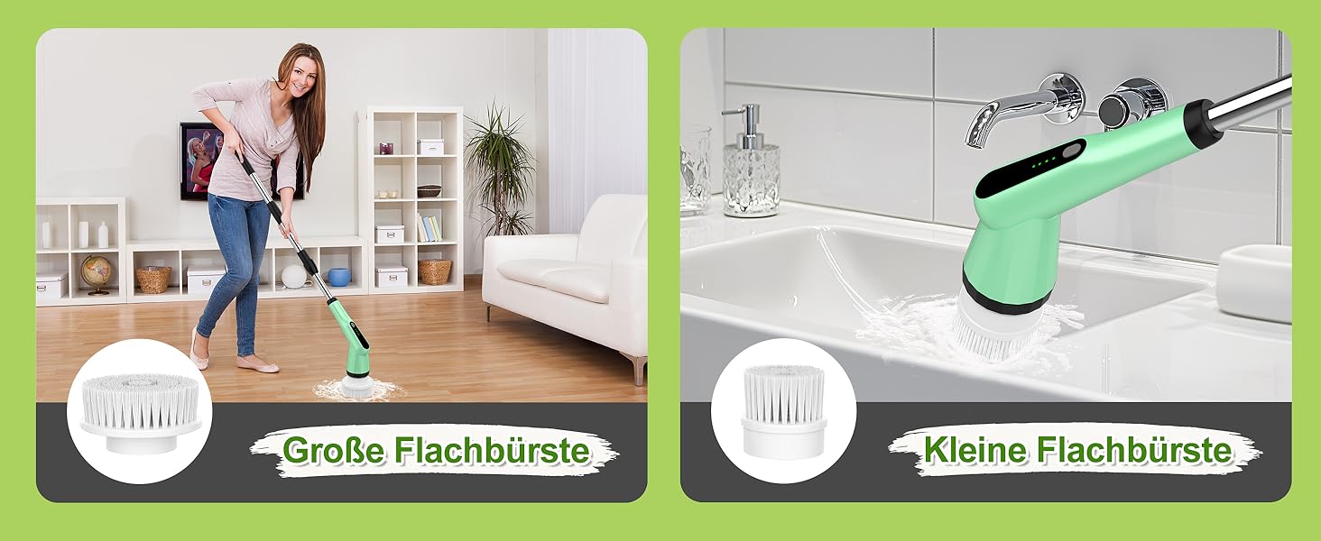 Електрична щітка для прибирання з 7 насадок, водонепроникна IPX7, регульована ручка, для ванної, кухні, підлоги, авто (білий/зелений)