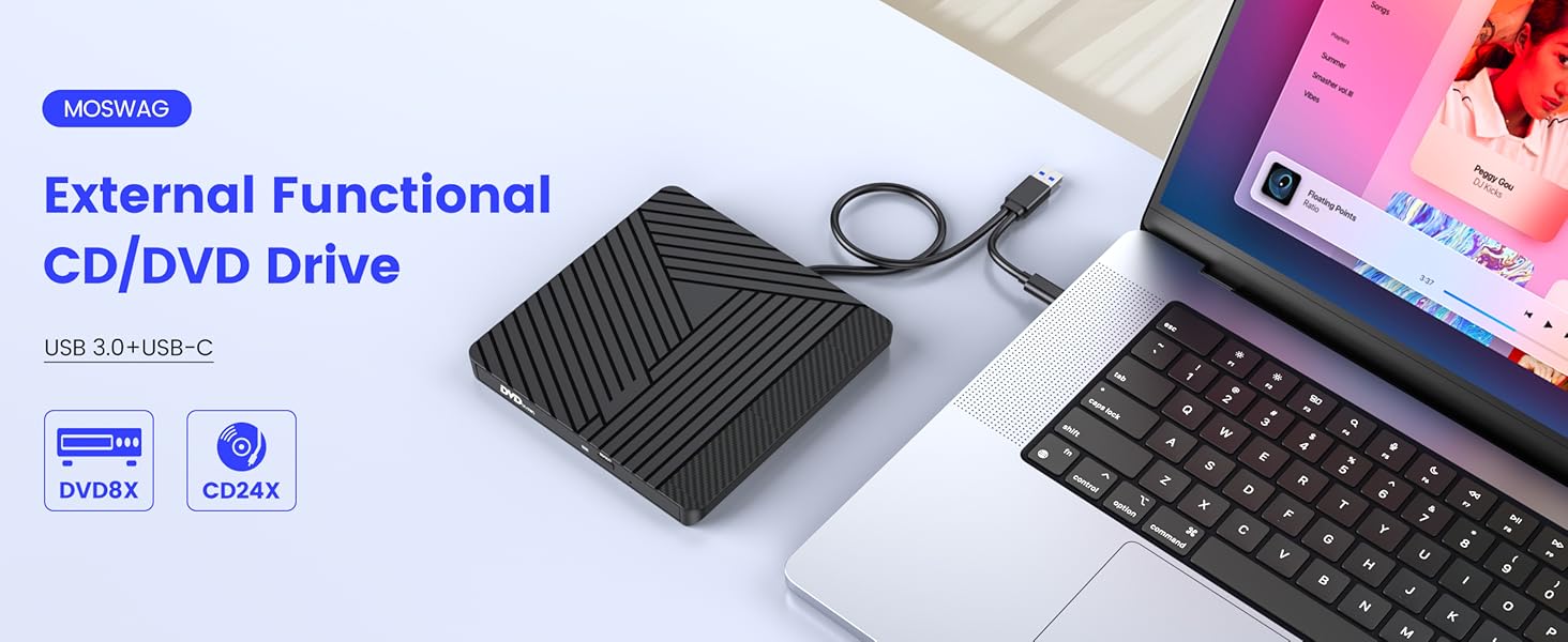 Зовнішній CD/DVD привід MOSWAG USB 3.0 та Type-C, оптичний багатофункціональний накопичувач +/-RW для PC, Mac, MacBook Pro, Linux, Win 11/10, чорний