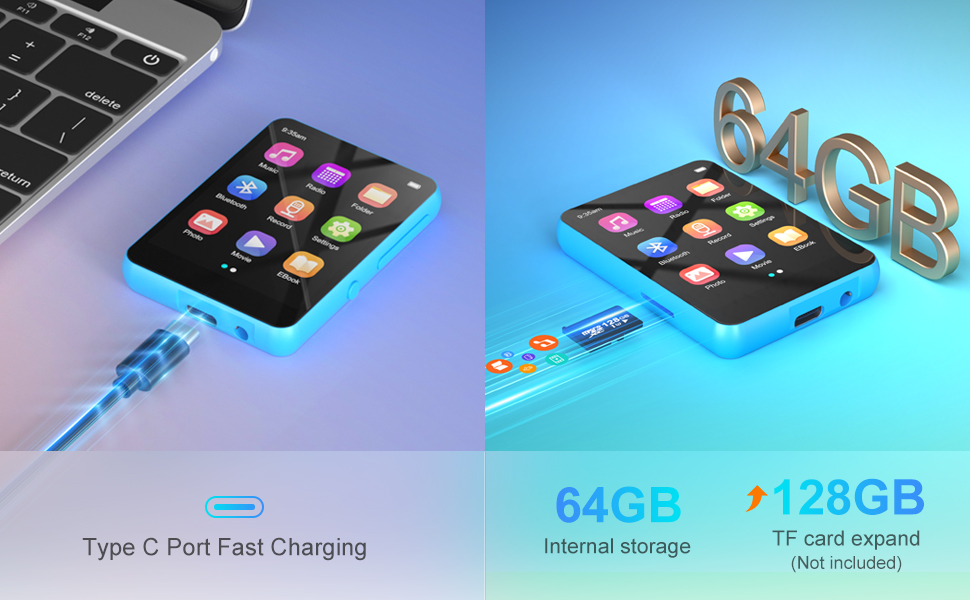 MP3 плеєр 64GB Bluetooth 5.3 HiFi з металевим корпусом, радіо FM, диктофон, сенсорний екран 2.4