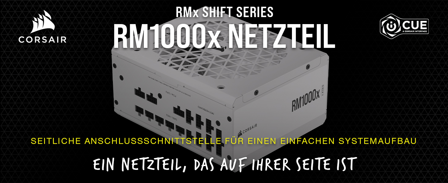 Блок живлення Corsair RM1000x Shift 1000W White, ATX 3.1 & PCIe 5.1, 80 Plus Gold, повністю модульний, бічний інтерфейс підключення, Zero RPM