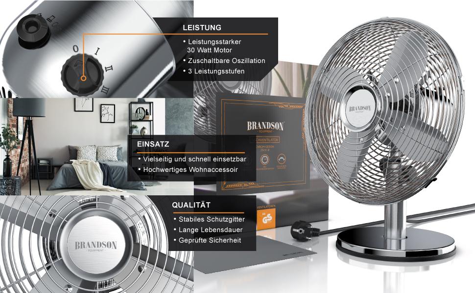 Настільний вентилятор Brandson з мідним дизайном: 3 швидкості, осциляція 80°, нахил 40°, металевий корпус