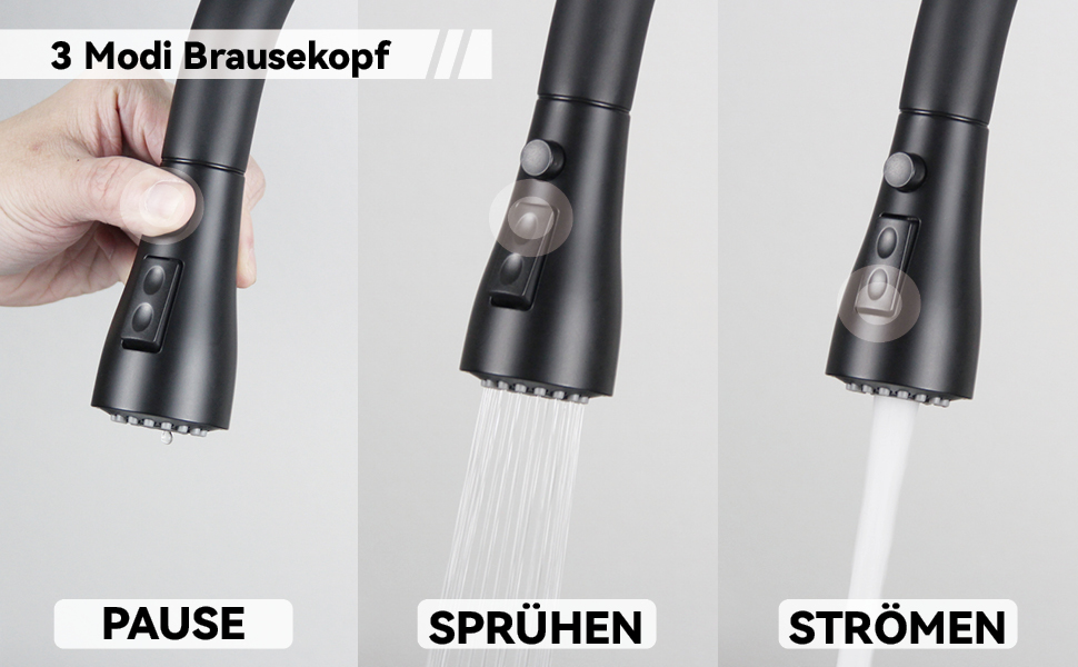 Кухонний змішувач SEMANEY з витяжною насадкою, чорний матовий, з 3 функціями, 360° обертання, з нержавіючої сталі