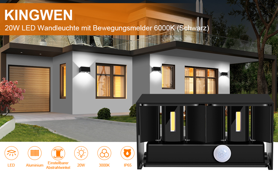 LED-водостійка настінна лампа Kingwen 20W (4 шт.) - тепле світло 3000K, IP65, регульований кут світла, чорний колір