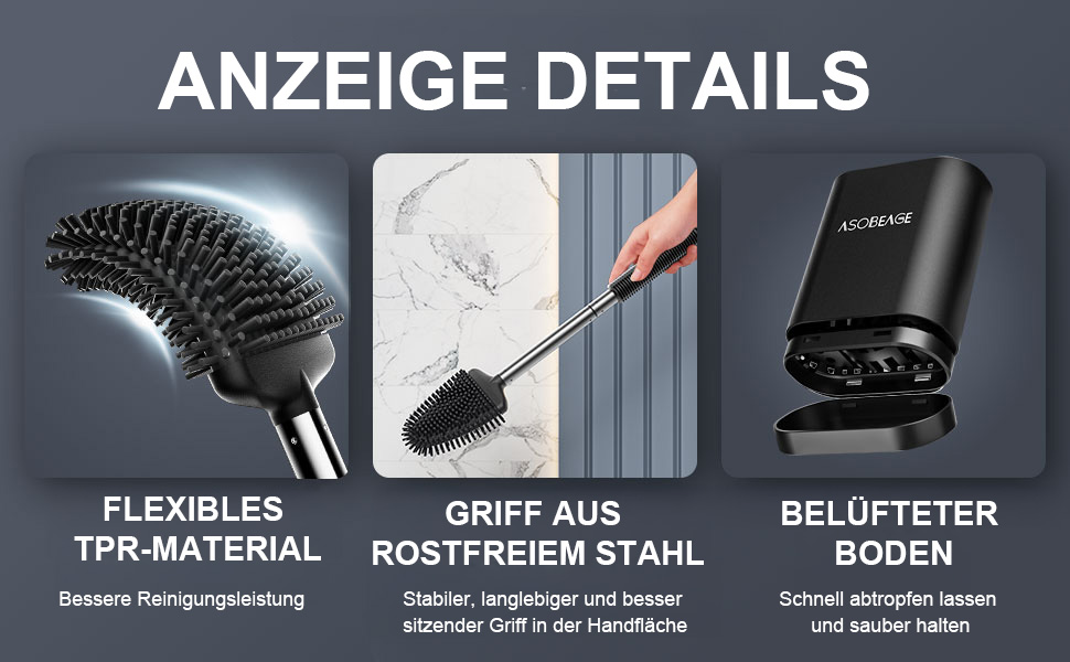 Набір для чищення унітазу ASOBEAGE: силіконова щітка, нержавіюча сталь, кріплення на стіну, швидковисихаючий тримач (Чорний)