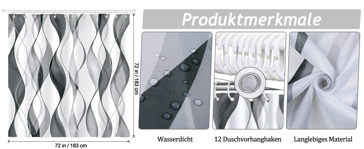 Шторка для душу Bonhause 180x180 см водонепроникна, антигрибкова, смугаста, поліестер, для ванної кімнати (1 шт., сіра)