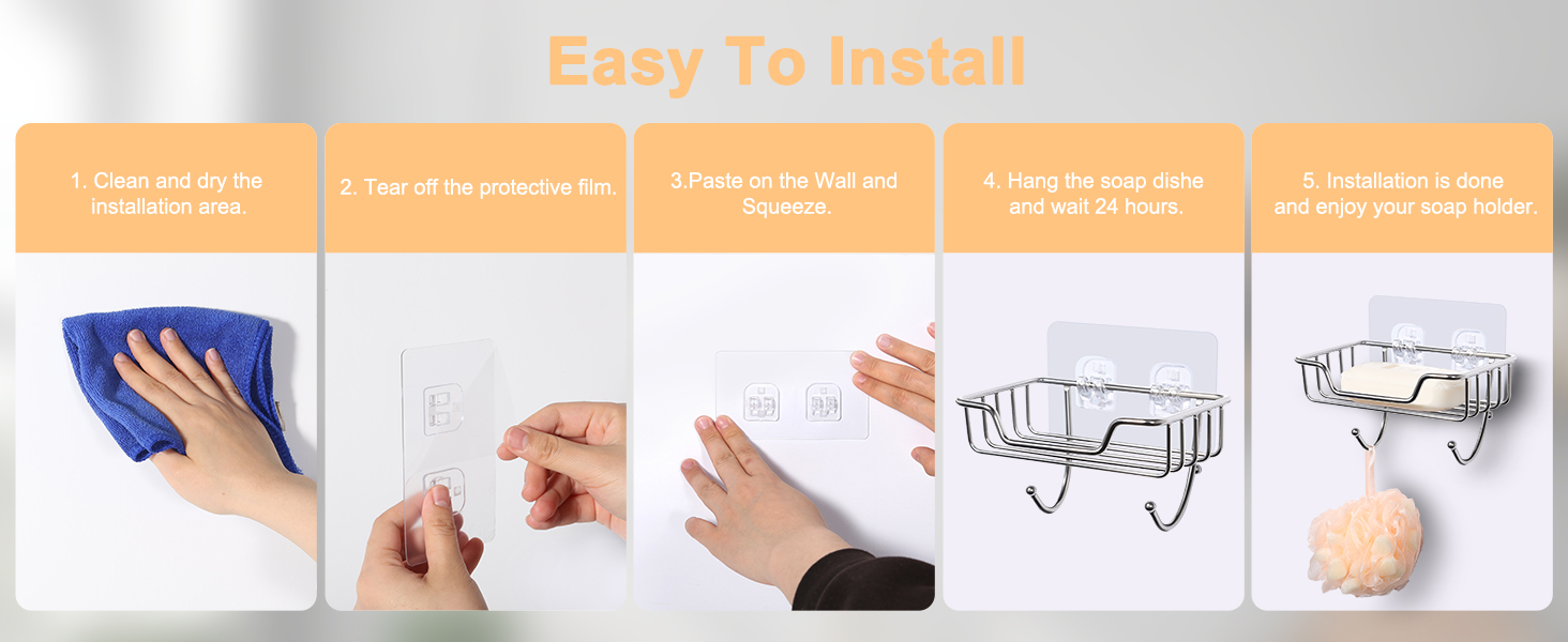 Тримач для мила без свердління Uten, нержавіюча сталь, самоклеючий, з 2 гачками, для мила та губки, для душу, ванної кімнати, кухні, сріблястий