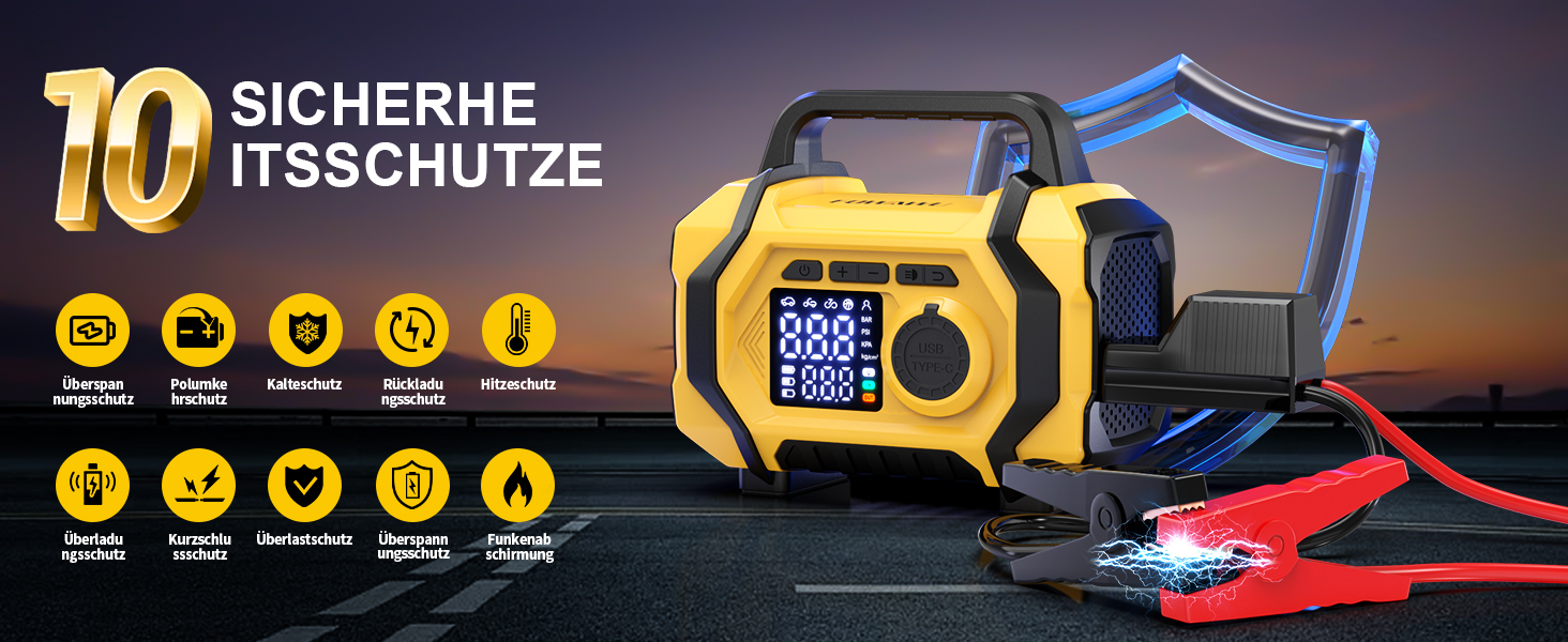 Портативний пусковий пристрій FOWAWU 9-в-1 з компресором, акумулятор 6000A, 26800mAh, 150psi, автовимкнення