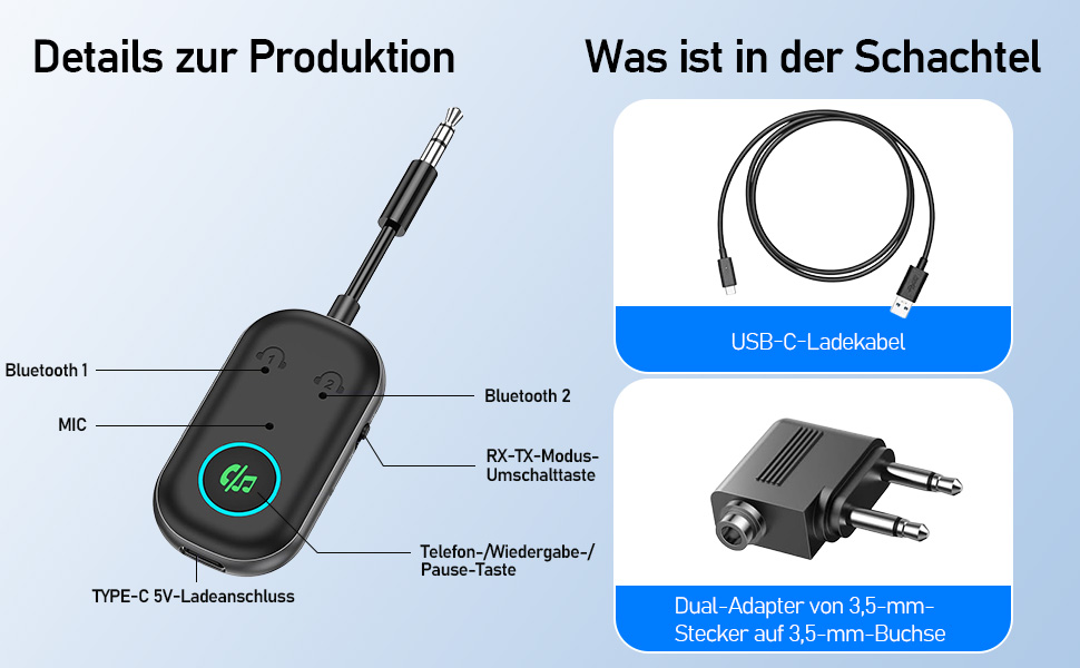 Bluetooth передавач/приймач 2-в-1: адаптер Bluetooth 5.3 з аудіороз'ємом 3.5 мм для навушників, авто, ТВ та аудіосистем