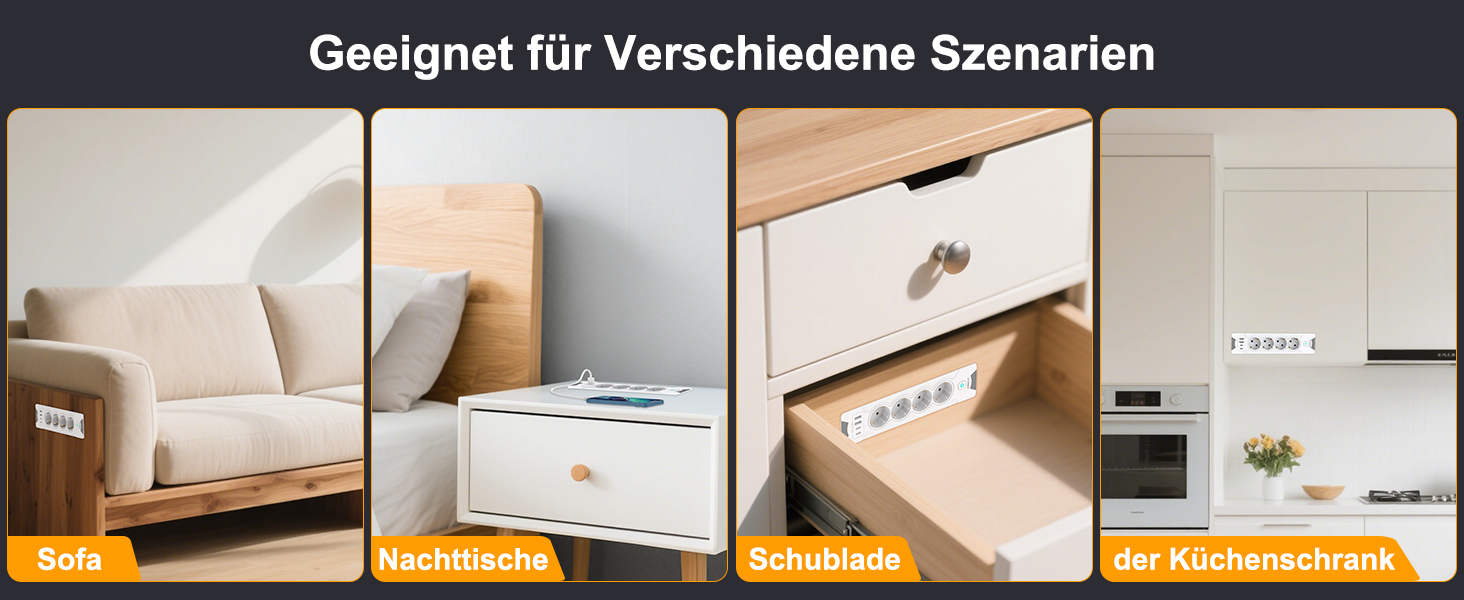 Вбудована розетка з 2 USB-C та 4 розетками, 3680W, 16A, білий кабель 2м. Розподільник розеток для конференц-столу, дивану