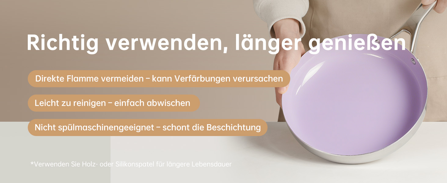 Набір антипригарних сковорідок Tjean з керамічним покриттям (без PTFE, PFOA, PFAS) з нержавіючою ручкою, підходить для індукційних, газових, електричних плит та духовки до 280°C (фіолетовий, 20+24+28 см)