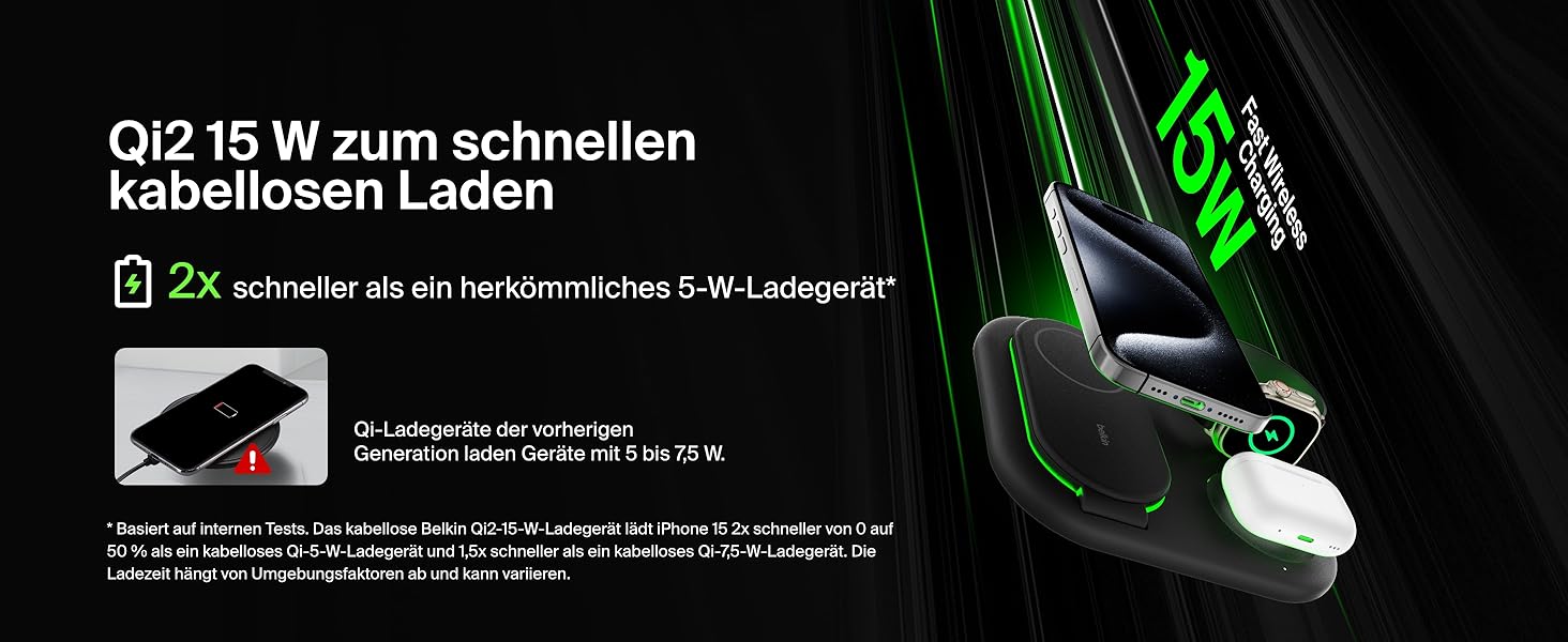 Зарядний пристрій Belkin BoostCharge 3-в-1 з підтримкою MagSafe Qi2, 15 Вт, складаний підставка для iPhone, Apple Watch, AirPods, з адаптером живлення – Чорний