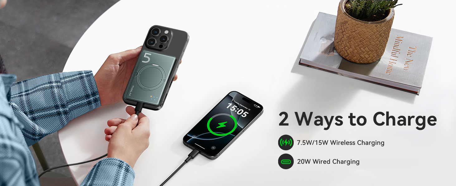 Power Bank Kuulaa MagSafe 5000mAh з бездротовою зарядкою та USB-C, для iPhone 17/16/15/14/13/12, сірий колір