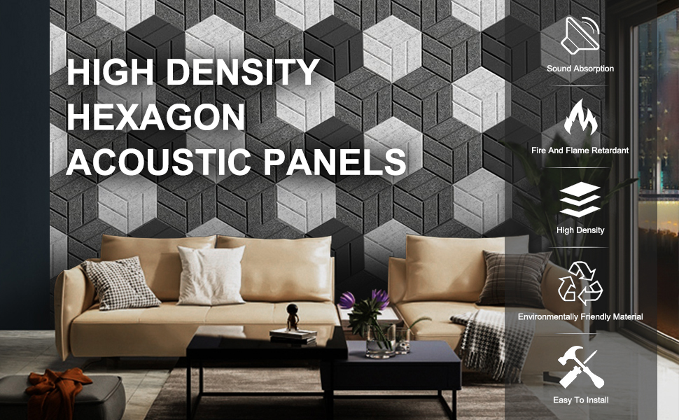 Акустичні гексагонні панелі самоклеючі, звукопоглинаючий пінопласт для стін у студію, офіс та ігрову кімнату, сірі (30x26x0.9 см), 12 шт.