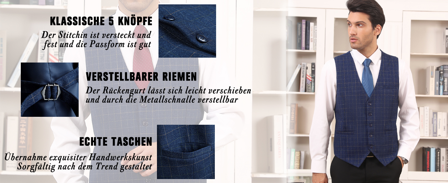 Жилет для чоловіків HISDERN з візерунком у клітинку, блакитний, бавовна | Формальний костюмний жилет