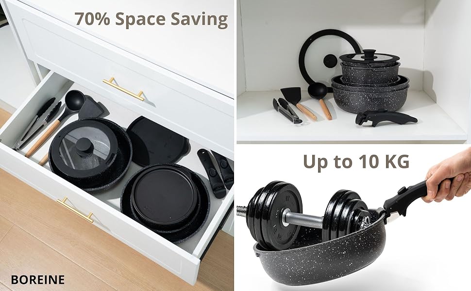 Набір посуду BOREINE 14 предметів: каструлі та сковороди з антипригарним гранітним покриттям (PFOA-free), знімні ручки, для всіх типів плит (індукція, склокераміка, газ, духовка), коричневий