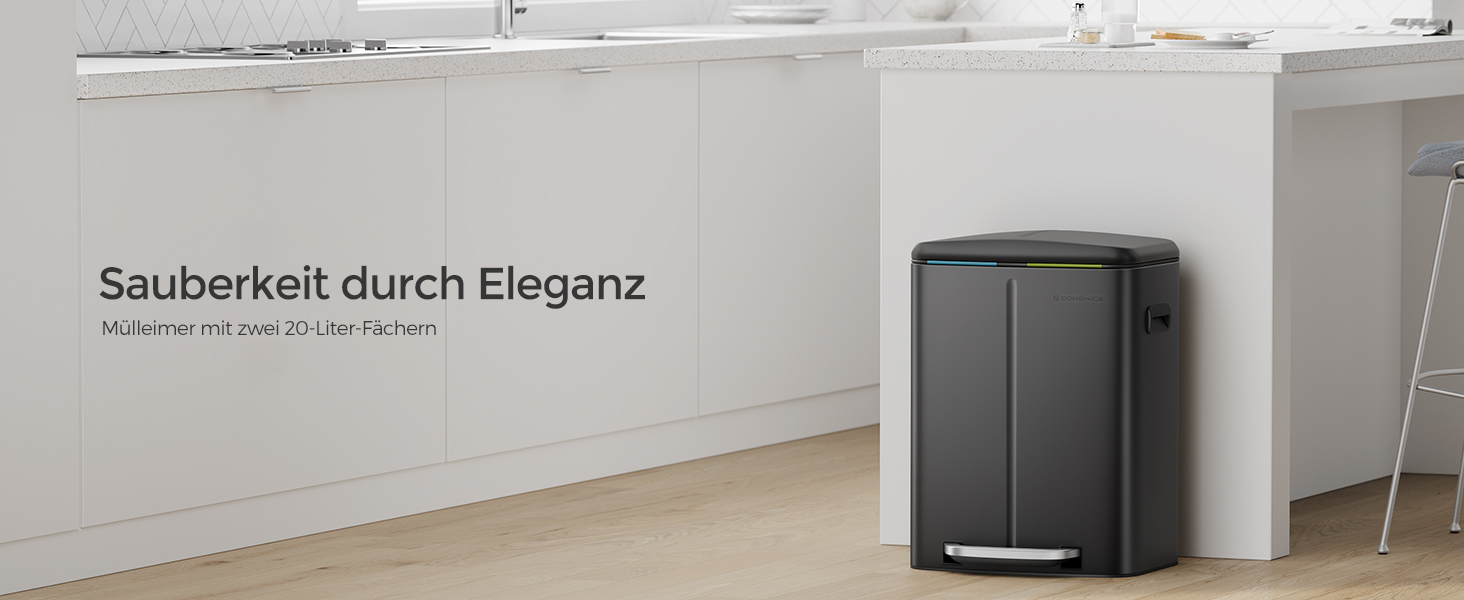 SONGMICS Відро для сміття 40 л з 2 відділеннями, 2 x 20 л, з педаллю, з металу, з пластиковим внутрішнім відром, з кришкою, з ручками, Softclose, герметичне, біле LTB40WT (Чорний)
