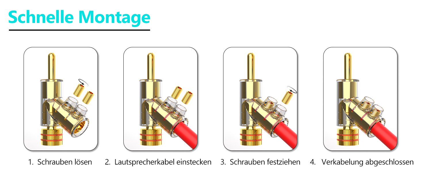 Комплект позолочених бананових роз'ємів Monosaudio (8 шт.) для акустичних кабелів, домашнього кінотеатру та AV-ресиверів, BA1403