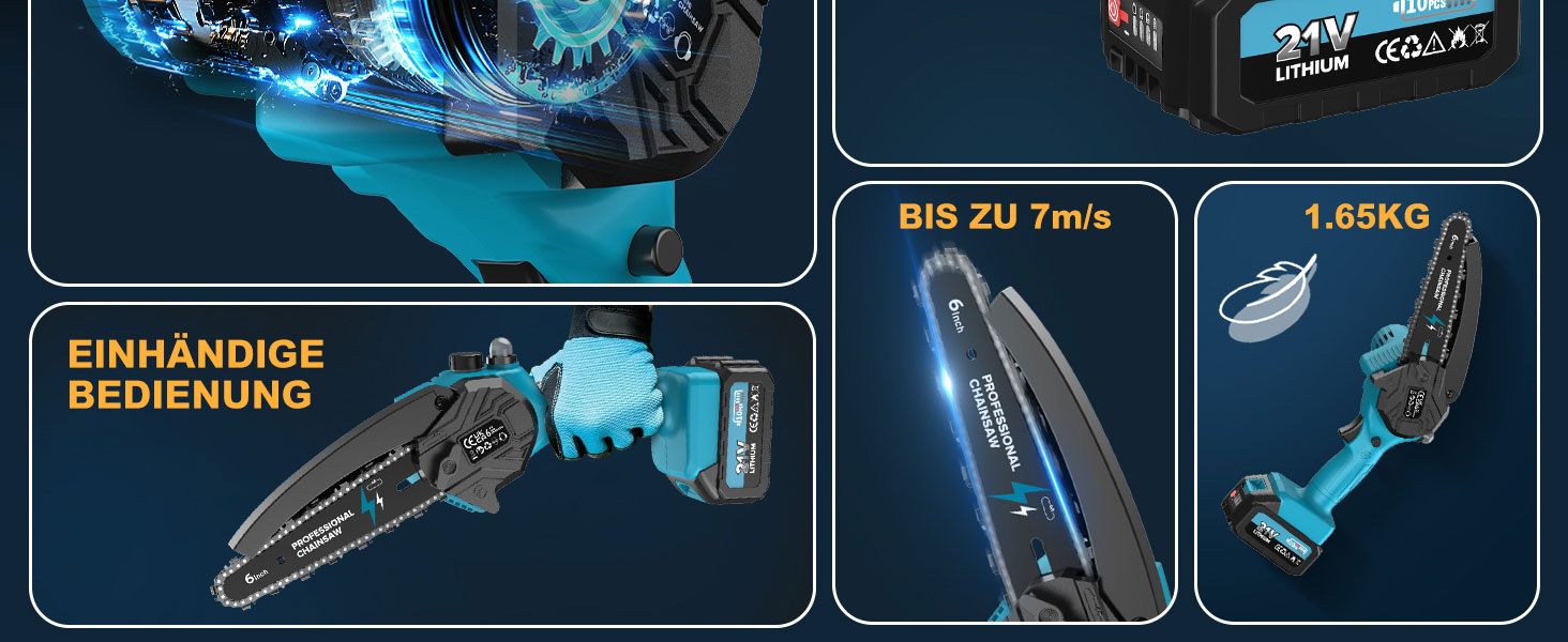 Акумуляторна міні-пила PowerCut X7 6 дюймів з автоматичним змащенням, 8000mAh, 2 акумулятори