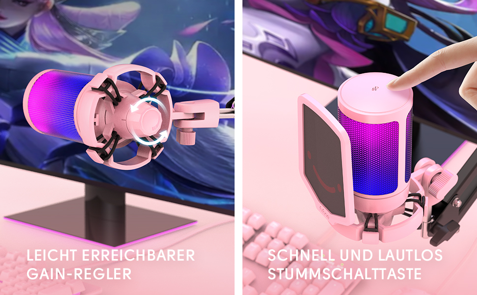 Мікрофон FIFINE для ігор та стримінгу, USB, з кріпленням, для ПК, MAC, PS4, PS5 (Рожевий)