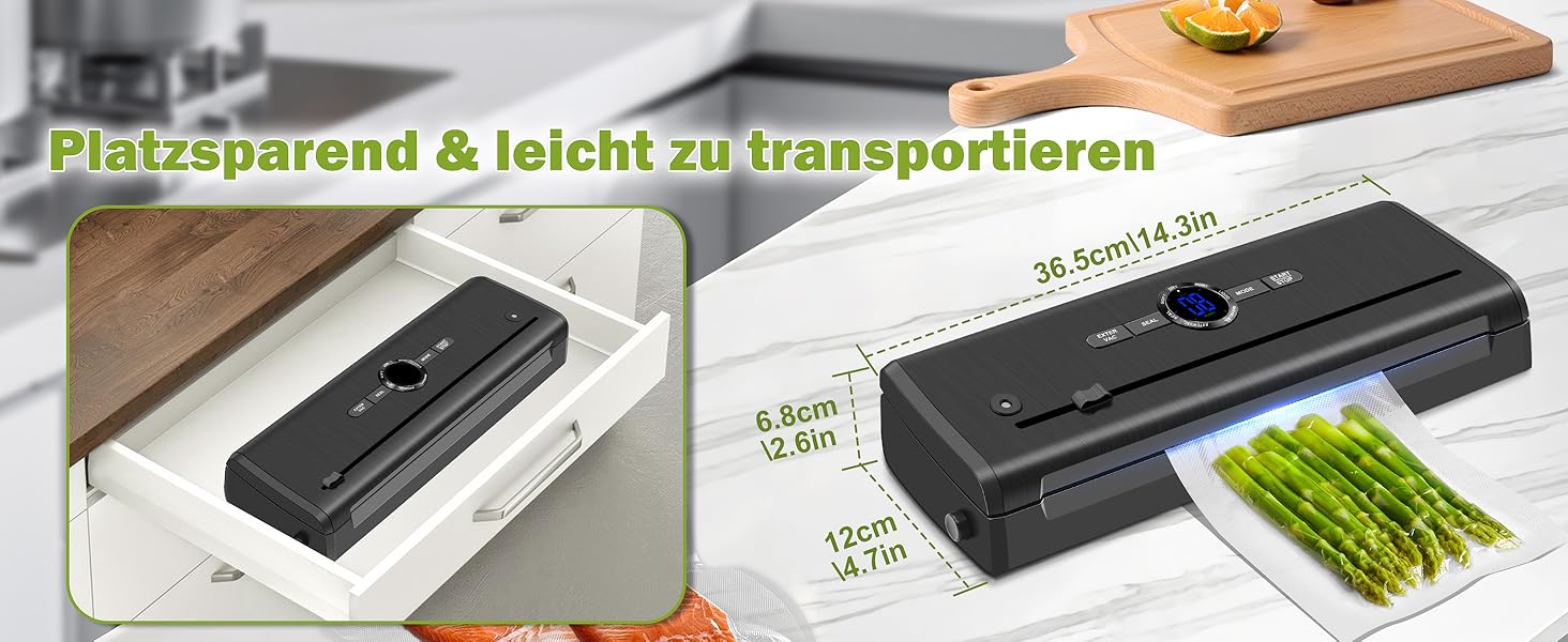 Вакуумний пакувальник KLGFI 7-в-1: професійний апарат для пакування продуктів з подвійною зварювальною швом, з нарізкою та цифровим лічильником. У комплекті 50 вакуумних пакетів. Чорний колір.