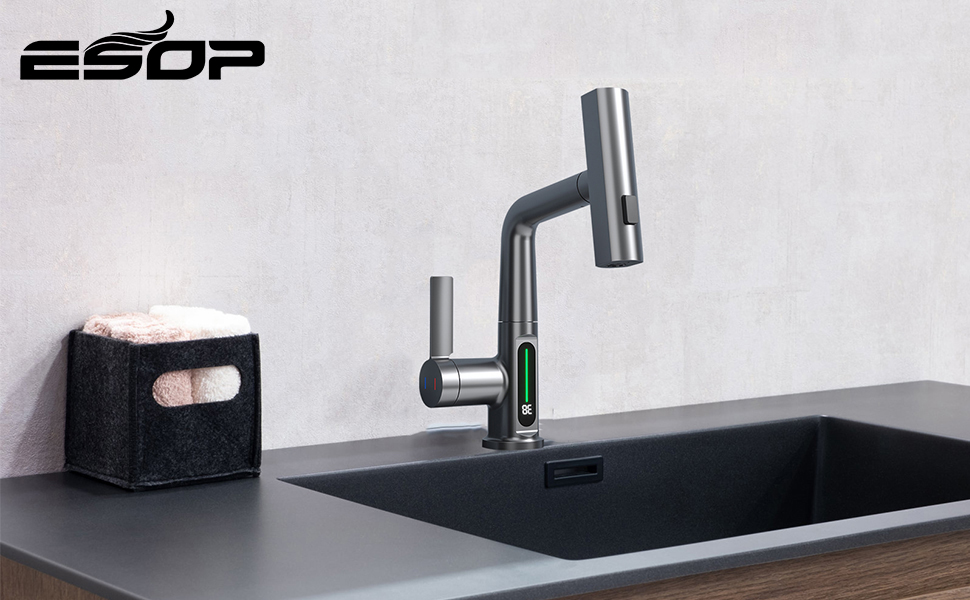 Чорний кухонний змішувач з висувною лійкою, 3 режими, LED-індикатор температури, поворотний на 360°, для високого тиску, регульована висота