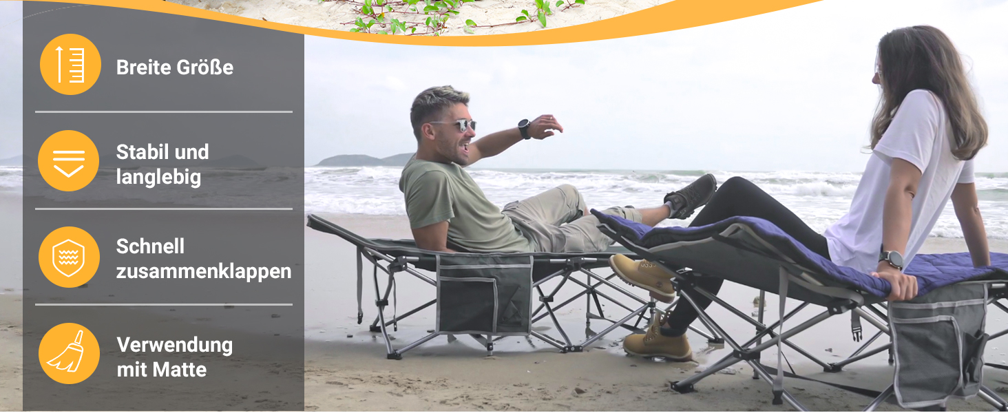 Розкладне ліжко для кемпінгу KingCamp - легке, портативне, з кишенею, 190x67 см, чорно-сірий годинниковий візерунок