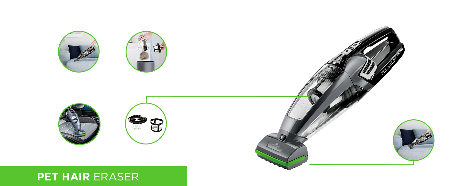 Bissell Pet Hair Eraser 2278N: Акумуляторний ручний пилосос для шерсті тварин, чорно-титановий. Для килимів, меблів, авто. 14.4V, 68dB