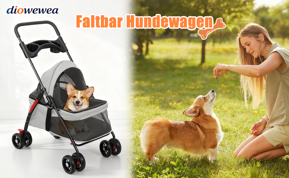 Візок для собак 2в1 до 15 кг, бугі для собак з тримачами для напоїв, переноска для собак, складна, з гальмом, візок-болер для собак, 48x68x95 см (Чорний)