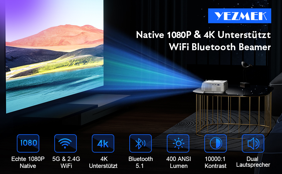 Beamer YEZMEK 5G WiFi Bluetooth: Міні проєктор LED 1080P Full HD з підтримкою 4K, HDMI, USB, TF для дому та кіно