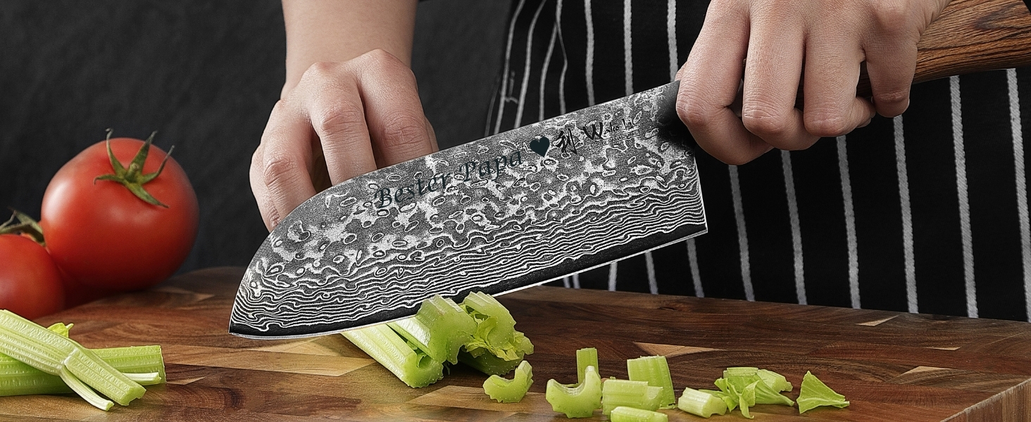 Ніж кухонний Wakoli EDIB Pro Santoku з дамаської сталі (VG10) 17 см, рукоять Pakkawood, подарункова коробка - для м'яса, риби та овочів, з можливістю гравіювання
