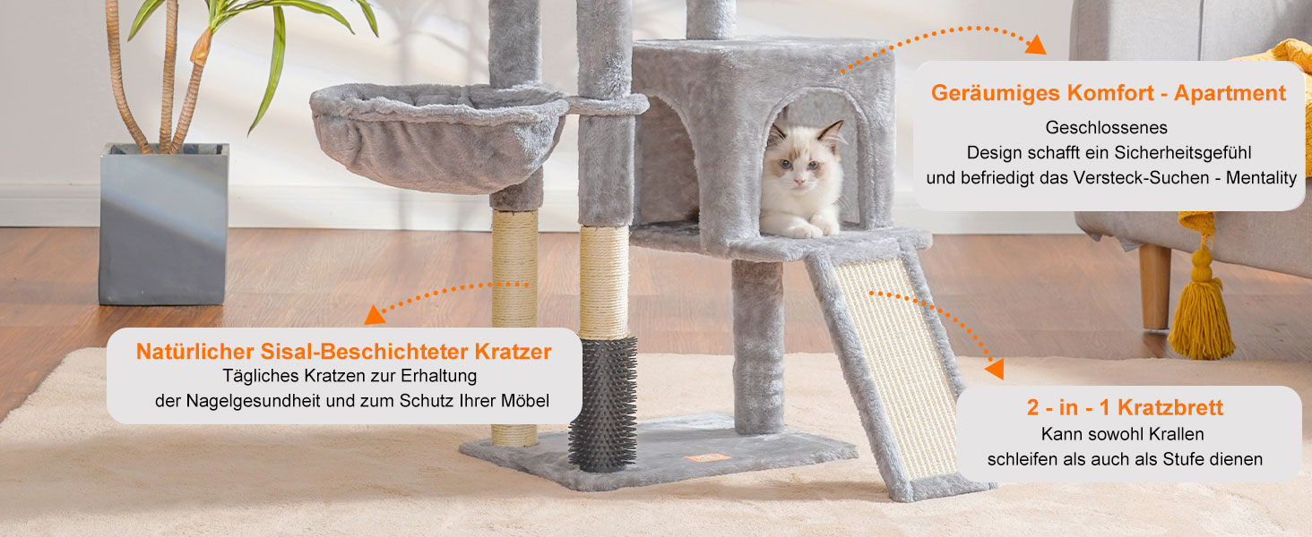 Котячий будиночок Heybly з котячою щіткою, котячий будиночок для домашніх котів з м'якою подушкою, котячий когтетоп з корзиною, когтеточкою та стовпчиком, HCT005SG (світло-сірий)