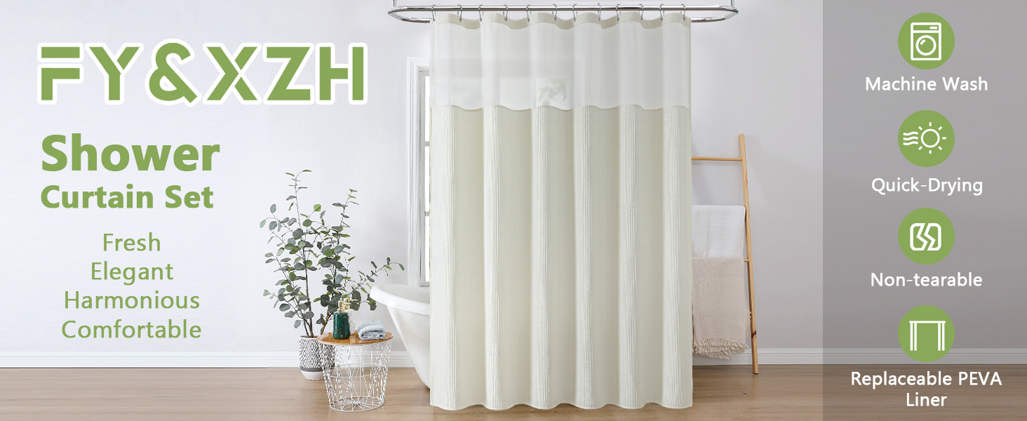 Шторка для душу з тканини вафельного плетіння, важка, водонепроникна, з TPU-покриттям, з сітчастим вікном, готельний стиль, 2 гачки, (Зелений, 83 x 83 см)