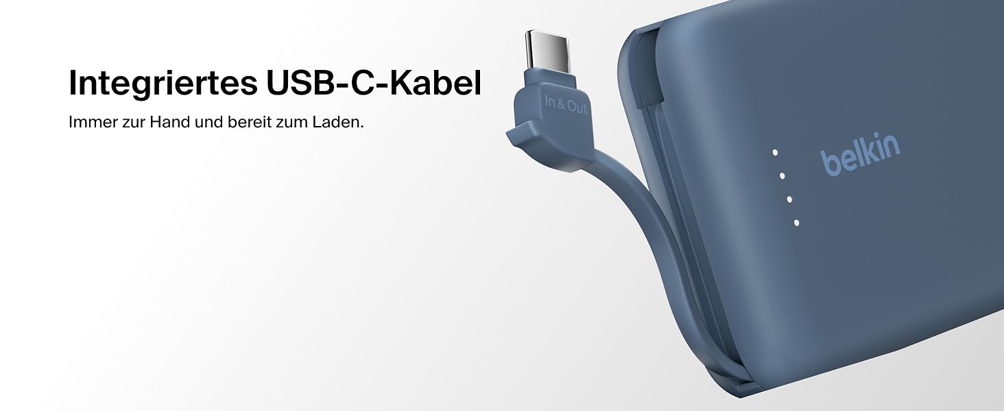 Повербанк Belkin BoostCharge 10000mAh з вбудованим кабелем USB-C, 20W, LED-індикатором, синій