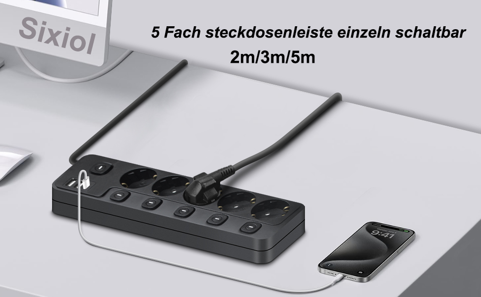 Мережевий фільтр 5-портовий з USB-A та USB-C, з індивідуальним вимикачем, захист від перенапруги, для дому та офісу (3M)
