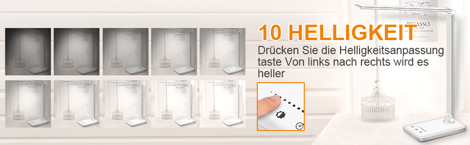 LED лампа настільна SLATOR з регулюванням яскравості, 5 кольорів та 10 рівнів, USB-зарядка, для читання, дітей, срібна, алюміній, QM019