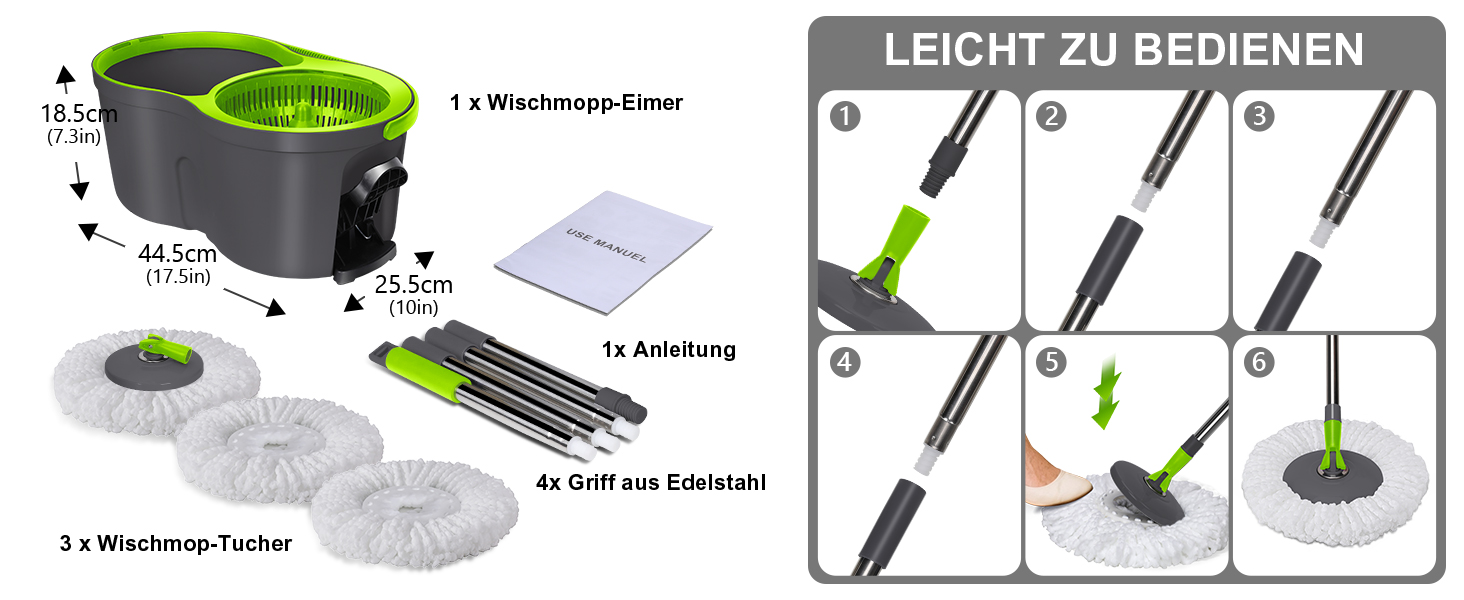 Набір для миття підлоги Masthome: відро, моп з функцією віджиму, 3 мікрофібрових насадки, для всіх типів підлоги
