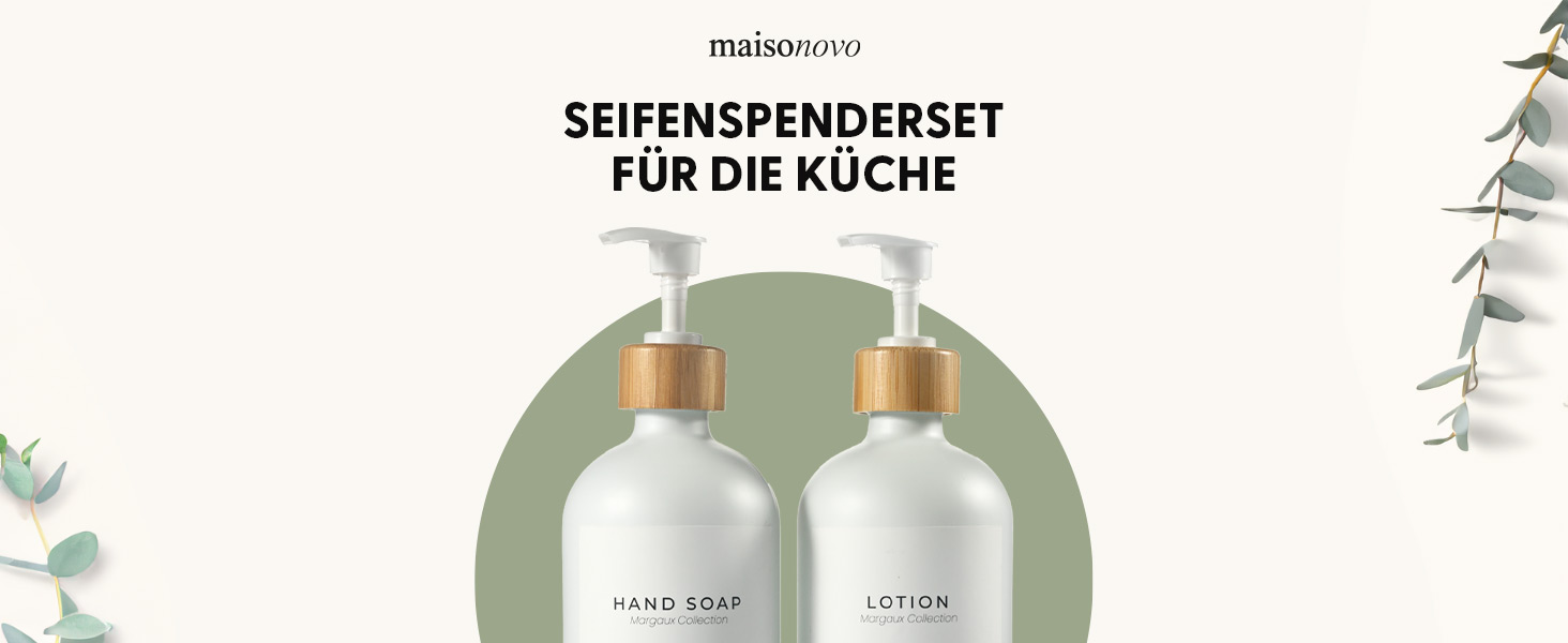 Набір дозаторів для мила та рідкого миючого засобу MaisoNovo | Скляні дозатори для ванної кімнати | 500 мл, білий колір, бамбукова помпа, 2 шт.