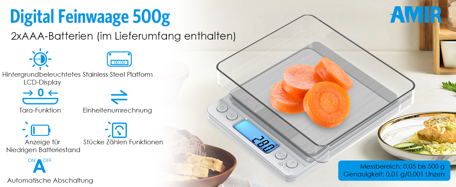 Електронні ваги AMIR 500г з точністю 0.01г: цифрові, для зважування, з функцією Tara, LCD-дисплей, конвертація одиниць, автоматичне вимкнення, сріблясті