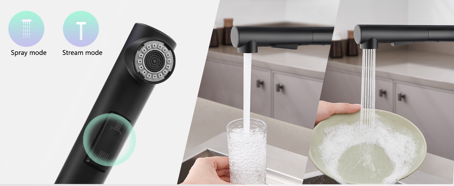 Змішувач кухонний з висувною лійкою, чорний, з двома режимами струменя, 360° обертання, з нержавіючої сталі