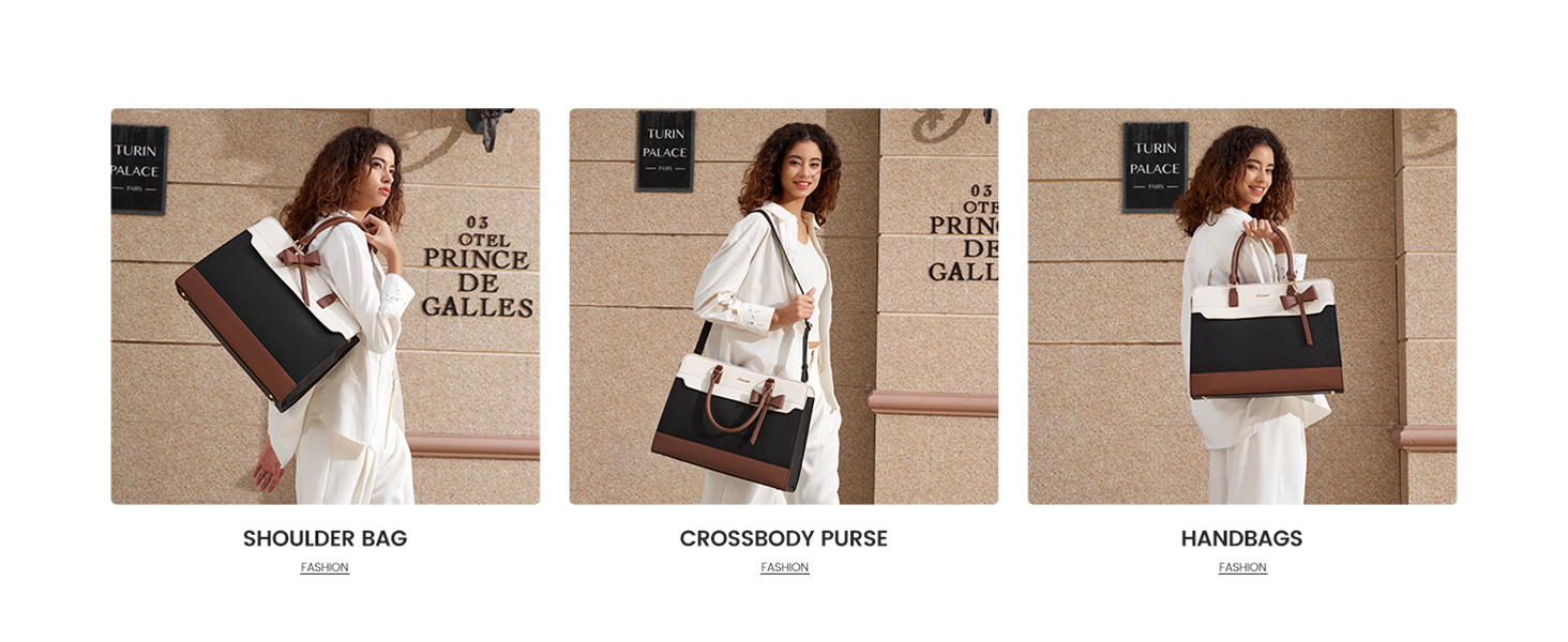 LOVEVOOK Сумка для ноутбука 15.6 дюймів, жіноча, для роботи, шкіряна, велика, універсальна, сумка-шоппер, для офісу, школи, діловий стиль, бежево-чорний-коричневий