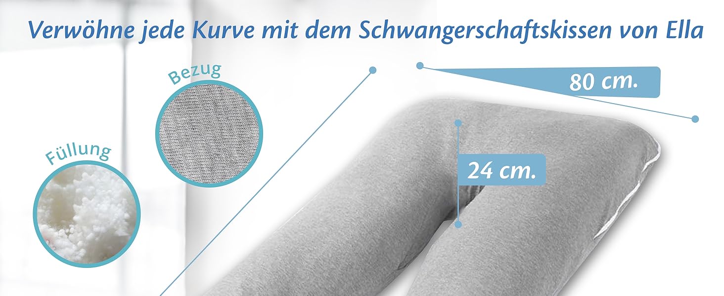 Вагітне подушка Ella, U-подібна подушка для сну на боці, U-подушка, подушка для годування з бавовняним чохлом, подушка для тіла та підтримки для жінок, для сну на боці - 140 x 80 см, сіра U, бавовна
